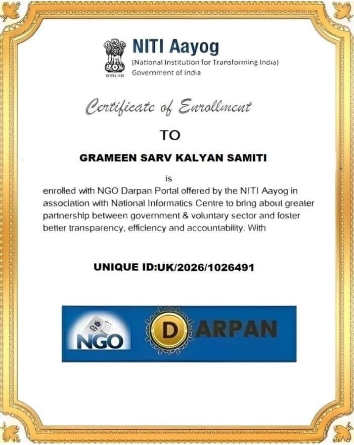 NGO Darpan certificate of enrolment for Grameen Sarv Kalyan Samiti